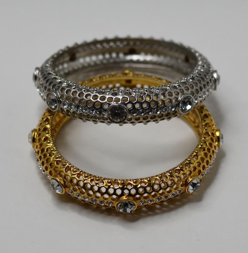 IMAN Designer Swarovski Rhinestone Silver & Gold Color Bangle Bracelet SET